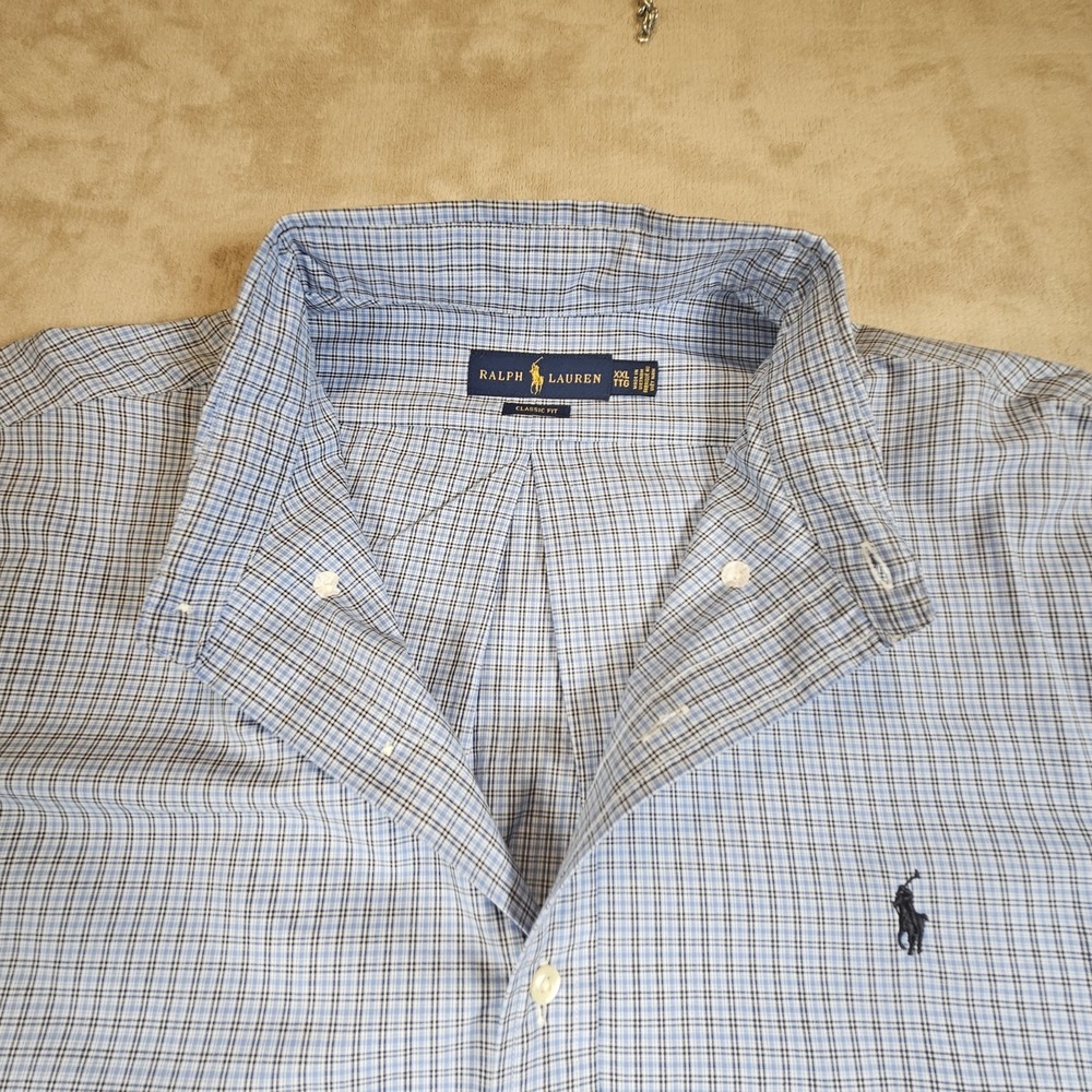 Ralph Lauren Mens XXL Classic Fit Blue Micro Check Cotton Button‎ Down Shirt - Picture 9 of 16